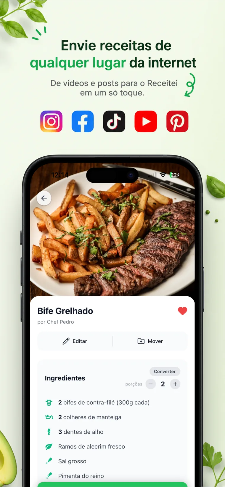 Receitei App Store screenshot: a recipe imported from social media into a structured ingredient list