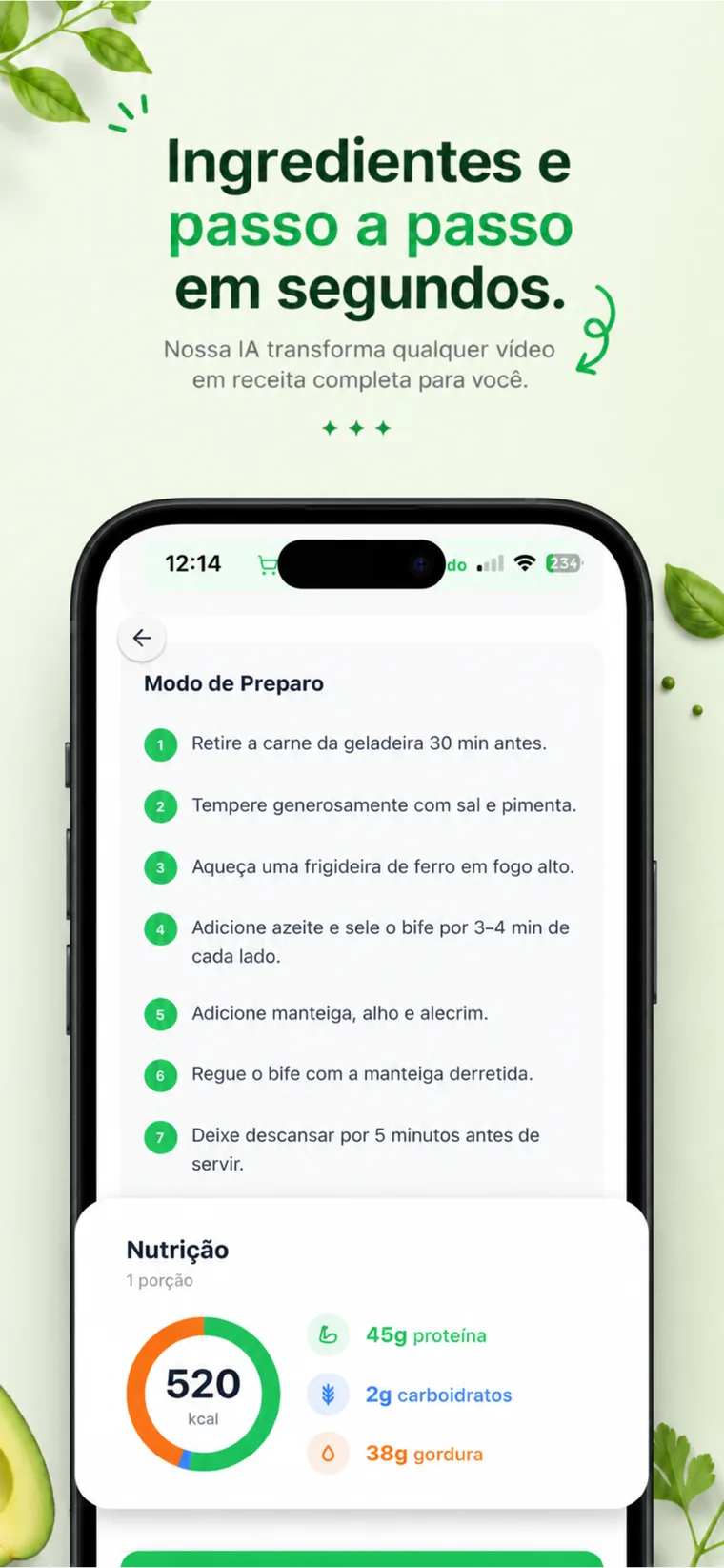 Receitei App Store screenshot: step-by-step instructions and a nutrition breakdown generated by AI